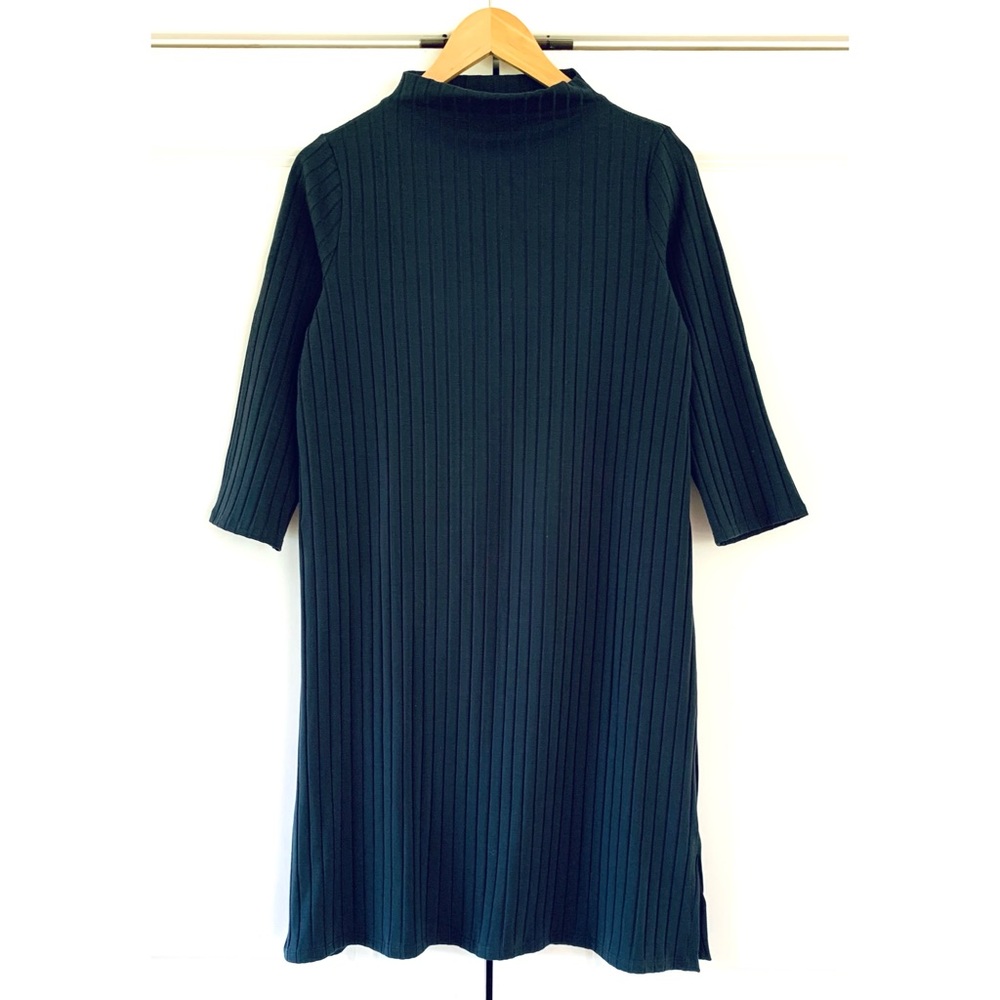 Eileen Fisher Dress Funnel Neck Ribbed Knit 3/4 Sleeve Graphite Boxy NEW Size S